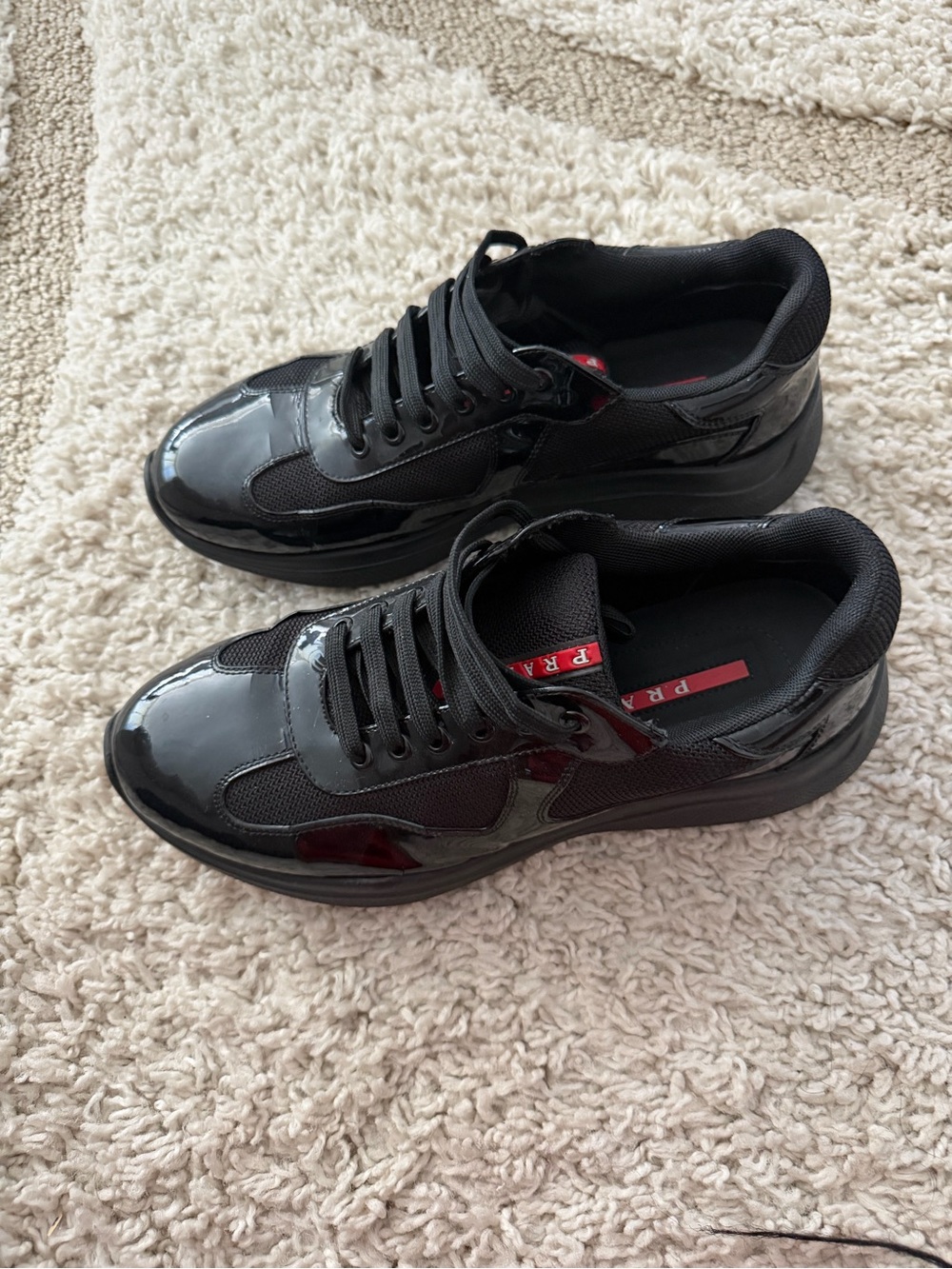 Prada Black Men's Mixed-Material Low-Top Sneakers with Red Logo Tab - Picture 4 of 5